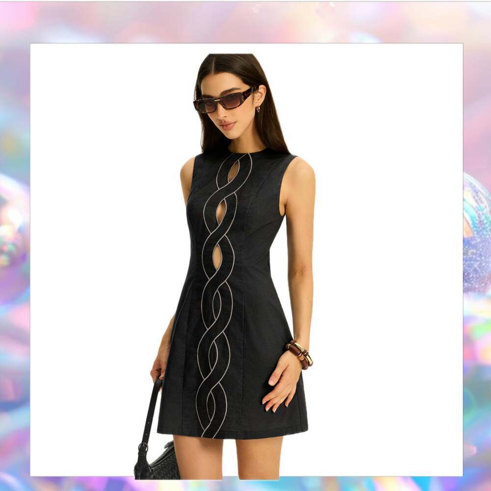 Commense Linen & Cotton Cut-Out Contrast-Stitch Black Mini Dress Size Medium NWT